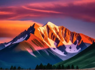 Selbstklebende Fototapeten A stunning mountain range is illuminated by the warm glow of sunset, highlighting the snow-capped peaks and colorful clouds in the sky. The landscape showcases nature's beauty © moonart