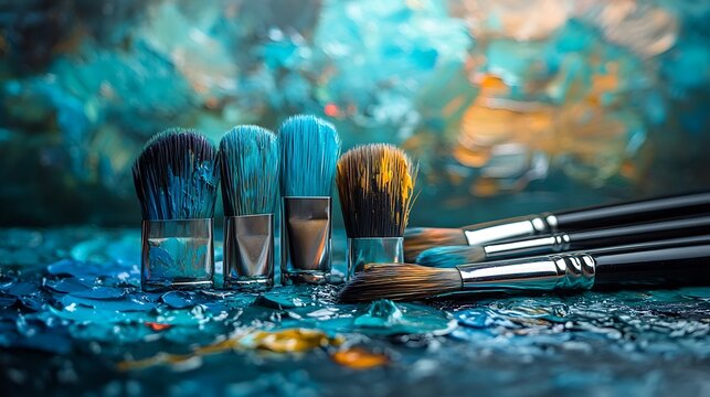 A bold display of paintbrushes releasing vivid and dynamic paint splashes on a palette