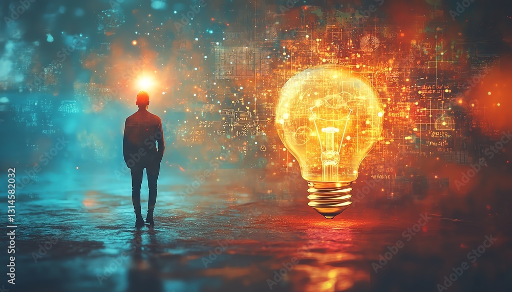 Poster a striking visual of a person balancing a glowing lightbulb on one side and mathematical symbols on 