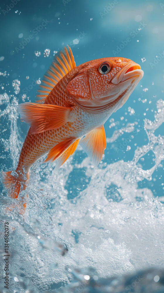 Aufkleber orange fish leaping from clean blue water, creating a dynamic splash and sending droplets flying in 