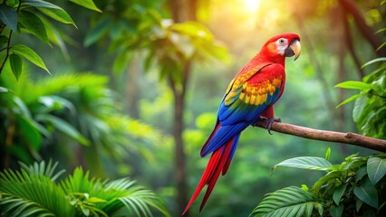 Obraz premium Vibrant Scarlet Macaw Perched on Branch Amidst Lush Tropical Foliage, Bathed in Golden Sunlight