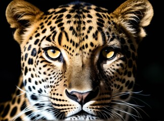 A leopard exhibits a strong gaze, showcasing its striking yellow eyes and distinct spots. This powerful creature is depicted in a natural habitat, highlighting its beauty and grace