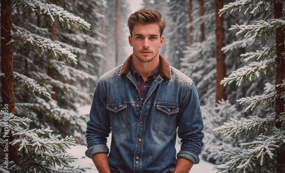 Poster man in a blue jacket is posing in a snowy forest. concept of solitude and tranquility, as the man st