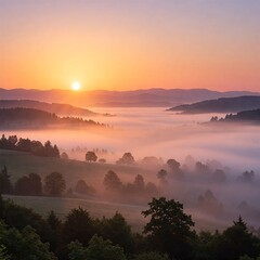 Obraz premium Peaceful Sunrise Over a Misty Valley with the First Light Touching the Landscape