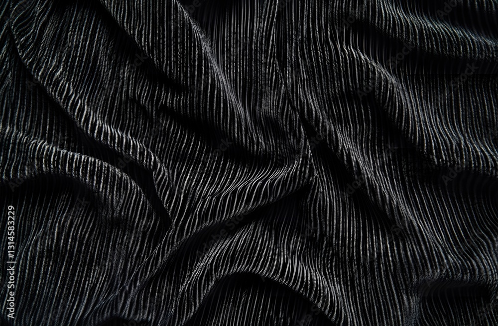 Poster close-up of elegant black fabric with textured folds and lines creating a sense of depth and luxury