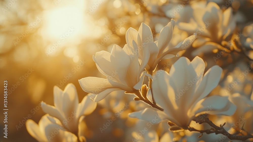 Poster soft magnolia petals open gracefully towards the warm sunlight, creating a beautiful display in a se