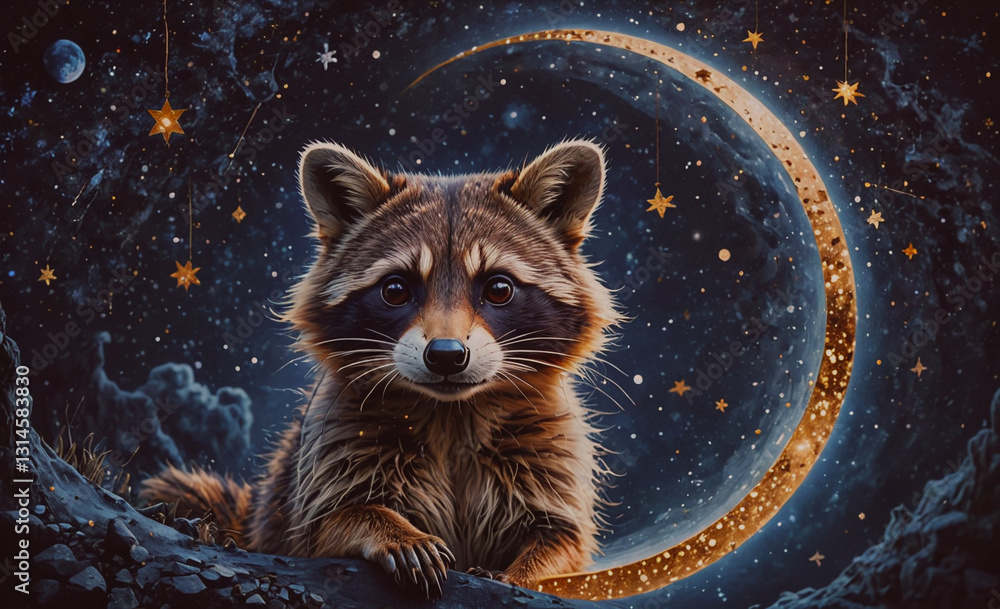 Poster raccoon is sitting on a rock in front of a large moon. the image has a dreamy, whimsical feel to it,