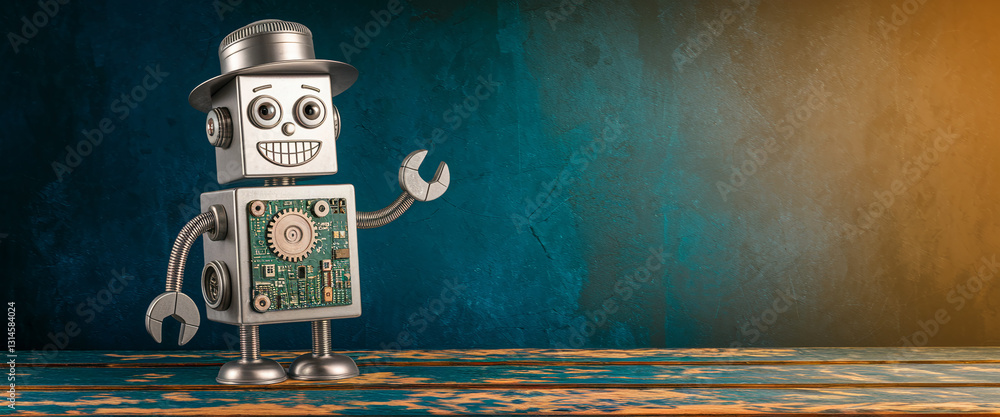Poster Smiling metallic robot with wrench on wooden table against teal background, showcasing a product or message with free space, symbolizing technology and service