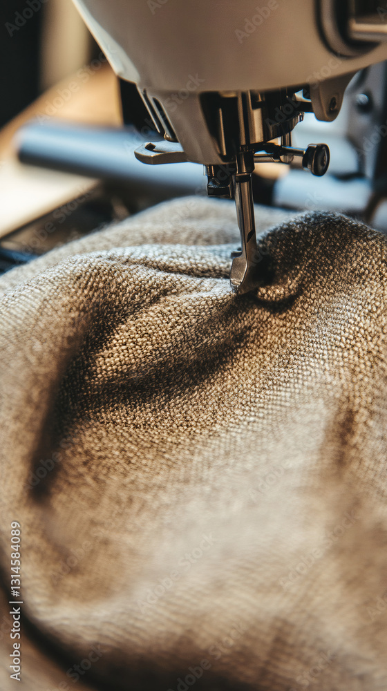 Poster close-up of sewing machine needle stitching brown fabric, creating clothes with precision and skill