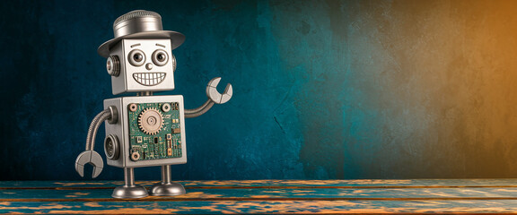 Smiling metallic robot with wrench on wooden table against teal background, showcasing a product or message with free space, symbolizing technology and service