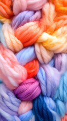 Close up of a vibrant collection of colorful wool yarn and knitting needles