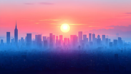 City skyline at sunrise, silhouettes of buildings