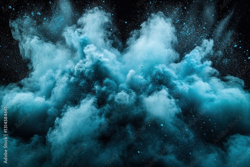 Poster ethereal turquoise cloud explosion against a dark backdrop creating a dramatic and captivating visua