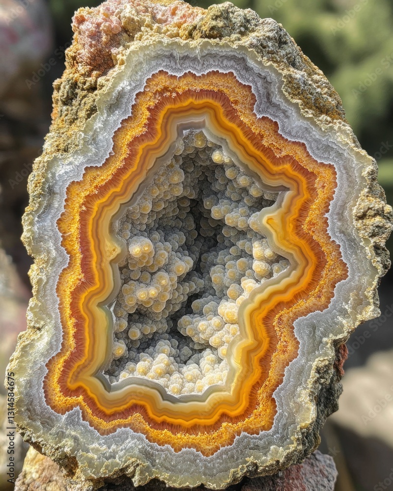 Aufkleber captivating geode slice displaying intricate layers of orange brown and gray bands with sparkling cr