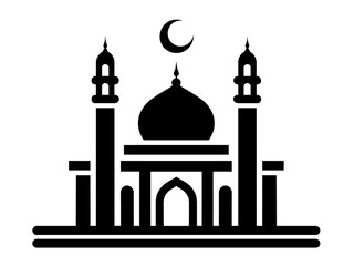 Black and white vector illustration of a mosque with towering minarets and a building featuring domed towers in front. Clean lines highlight architectural details against a plain background.
