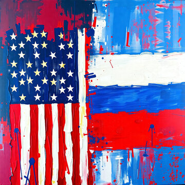Die Flaggen der L&auml;nder Amerika und Russland verwischen sich in abstrakter Form.