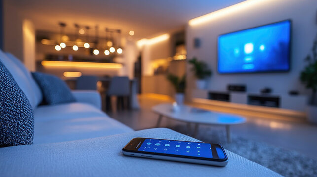 IoT home automation system featuring AI-integrated smart devices, wireless security cameras, and intelligent home climate control via mobile app