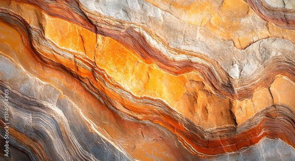Poster a close-up of a rock formation with colorful, layered patterns. the textures and tones of the rock a