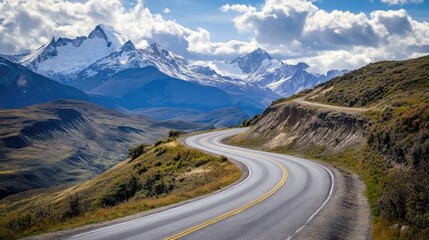 A scenic mountain road with dramatic switchbacks and breathtaking views of snow-capped peaks and valleys, capturing the grandeur of the landscape.