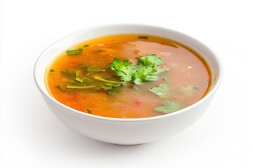 Tom Yum Soup with fresh herbs and spices served in a white bowl on a clean background