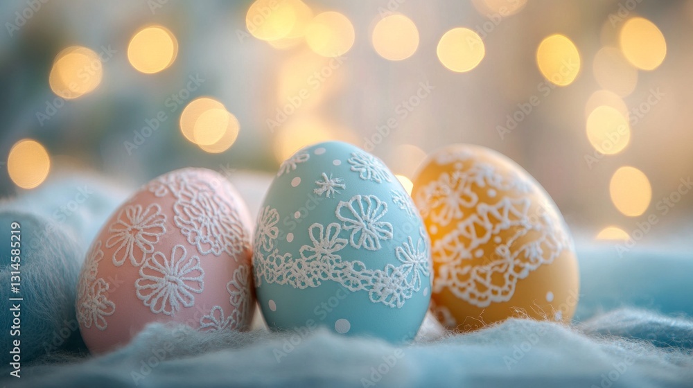 Aufkleber delicate pastel eggs adorned with intricate floral designs rest on a soft surface, bathed in warm, g