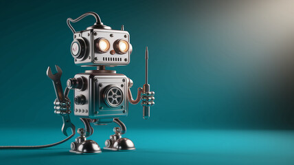 Metallic robot holding wrench and screwdriver against teal background, showcasing industrial design and technological assistance concept