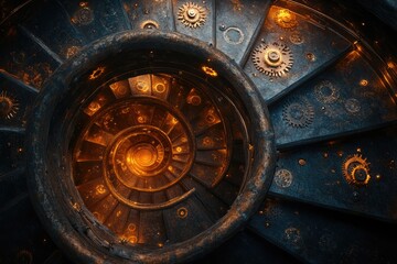 Glowing Spiral Staircase with Intricate Gearwork - Mystical Clockwork Descent