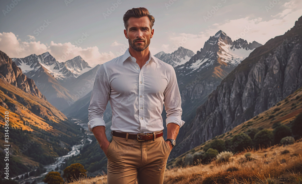 Aufkleber man in a white shirt stands in front of a mountain range. the mountains are covered in snow, and the