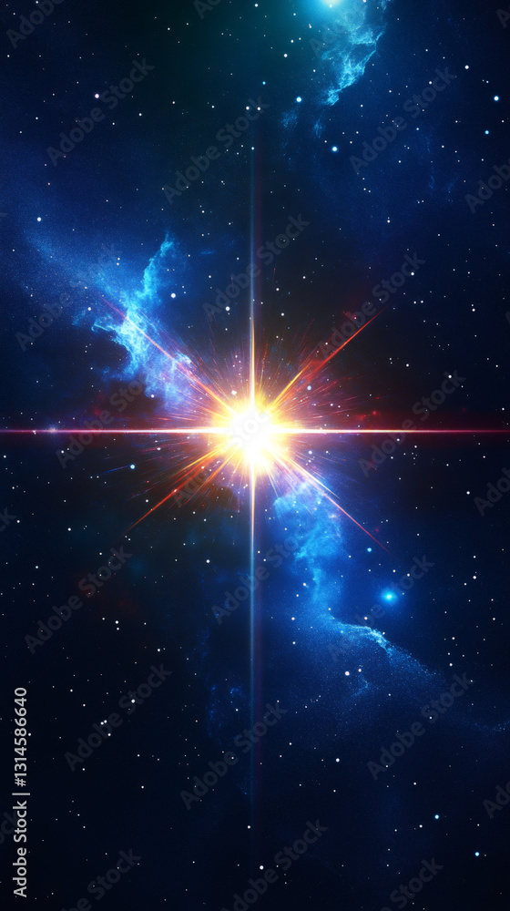 Aufkleber powerful star explosion with colorful nebula and light rays, ideal for space exploration and astrono