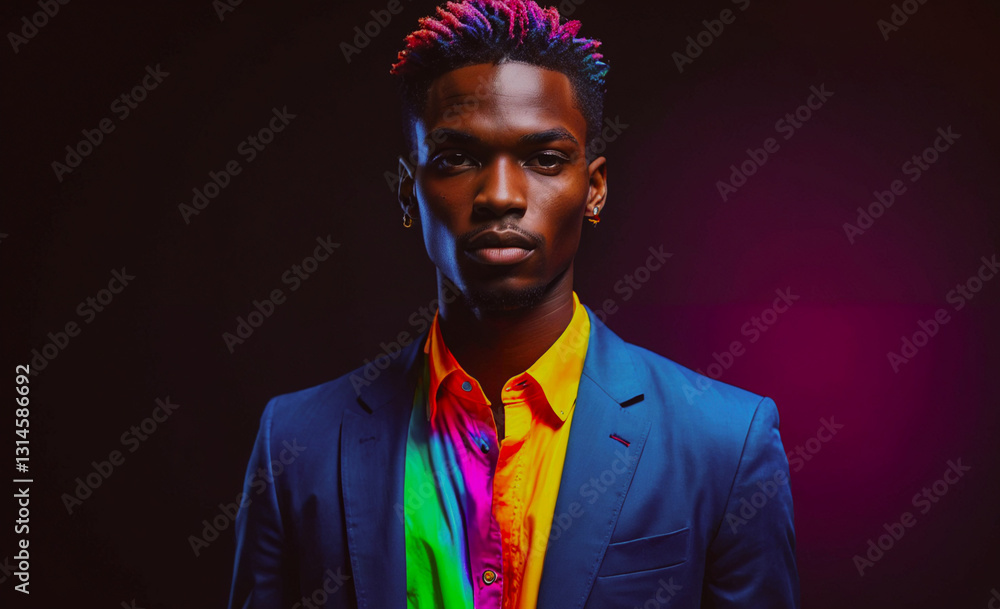Poster man in a blue suit and a yellow shirt with rainbow colors. he is standing in front of a dark backgro