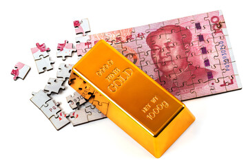 A 100 Chinese Yuan banknote made from puzzle pieces and gold bar