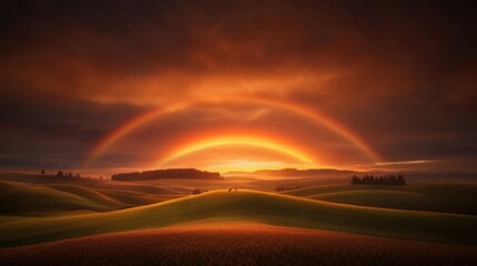 A stunning landscape featuring rolling hills under a dramatic sunset with double rainbows arching across the sky, This image is perfect for uses in nature-themed articles, artwork