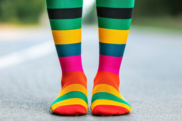 Colorful striped socks stand playfully on asphalt road