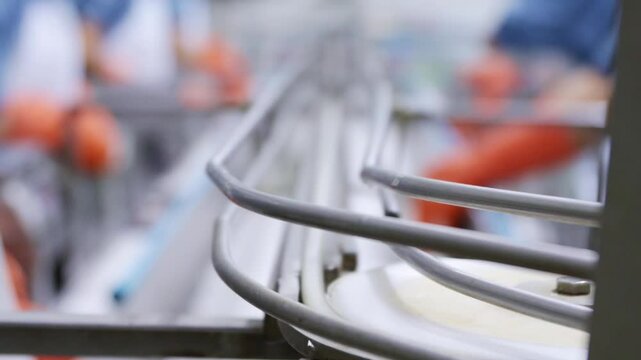 Large group of workers in uniforms and gloves sort sardines fresh mackerel and cans onto a conveyor belt to be steam cooked in a state of the art production process at a sardine canning factory.