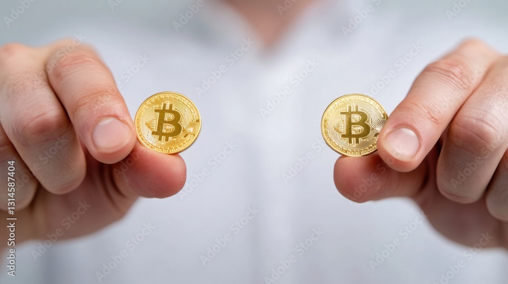 Poster two hands holding a physical representation of a bitcoin