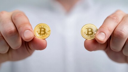 Two hands holding a physical representation of a Bitcoin
