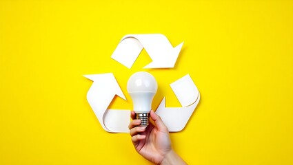 Hand holding an LED bulb with a white recycling symbol cut-out, set against a bright yellow background, symbolizing energy efficiency, sustainability, and eco-friendly solutions.