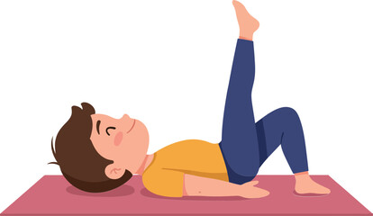 Child performing a yoga pose on a pink mat in a flat vector illustration