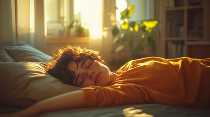 A serene scene of a person peacefully sleeping on a bed, bathed in warm sunlight, surrounded by plants and a cozy atmosphere.