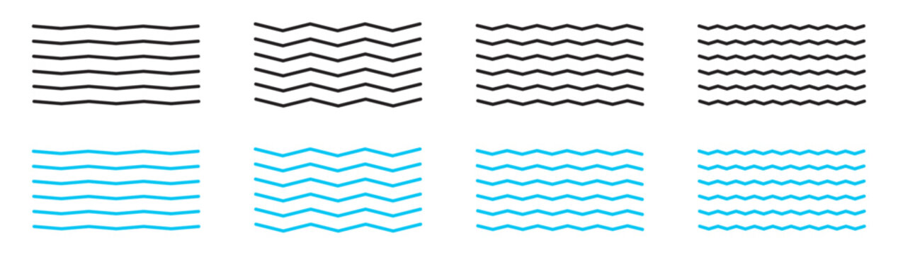 Wave zigzag lines. Wavy curve zig zag line. Sea wave icon set. Water logo, line ocean symbol. Wavy blue horizontal underline. Wave line set. Vector Illustration.