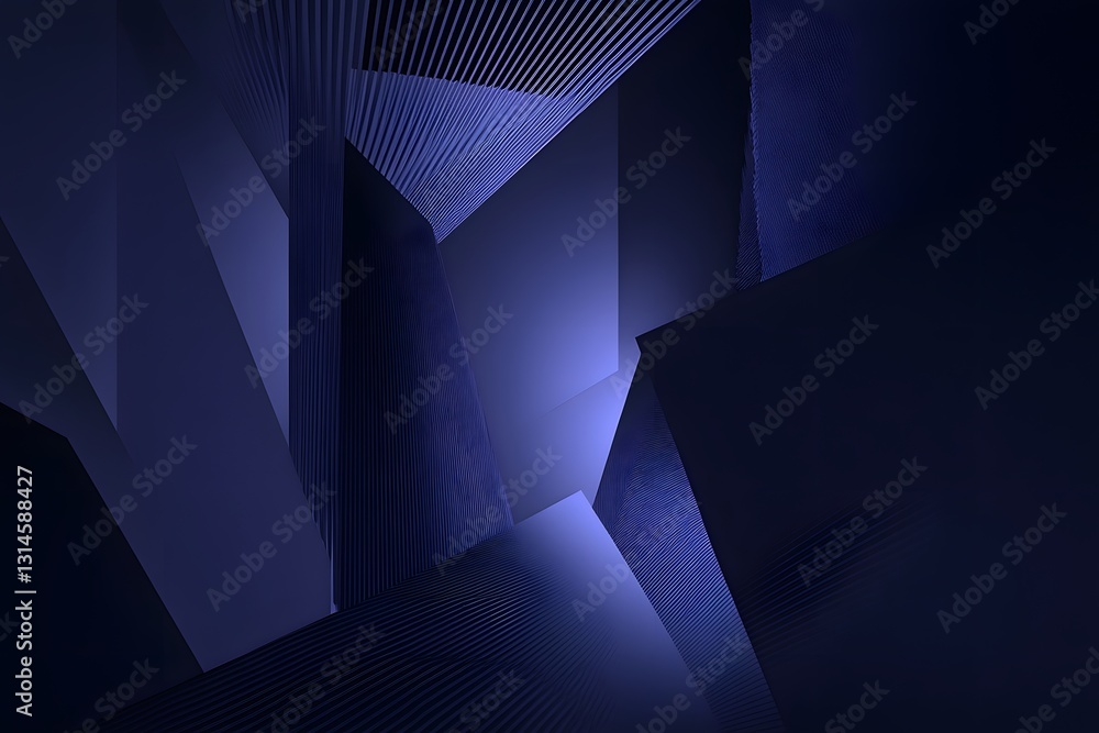 Poster an abstract modern design with sharp geometric shapes and lines and a cool, deep, indigo color schem