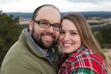 Fototapeta premium Couple enjoying romantic moment together, smiling joyfully on mountain during sunset, perfect for wedding themes. Concept focuses on couple watching sunset on mountain