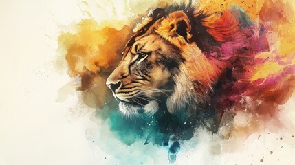 Vibrant watercolor painting of a majestic lion in profile.