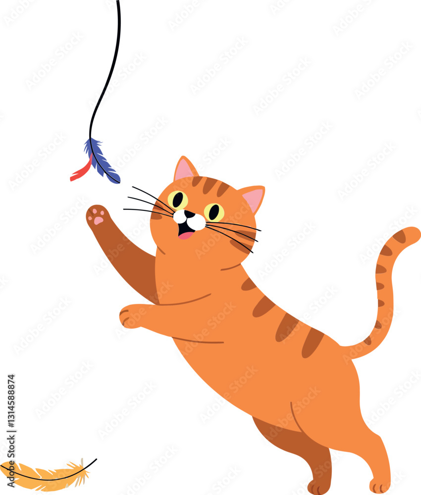 Poster playful orange cat jumping to catch a colorful feather toy in flat vector art