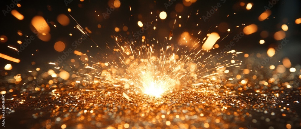 Poster captivating golden sparks explosion on dark backdrop creating dynamic energy and vibrant light effec