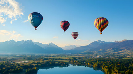 Naklejka premium Four Colorful Hot Air Balloons Soar Above A Scenic Mountain Lake Valley