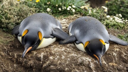 Two resting penguins on a rocky surface amidst green foliage.