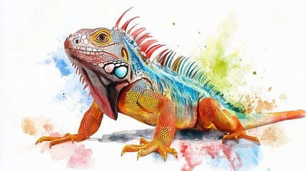 Obraz premium Vibrant iguana illustration with colorful splashes in background.