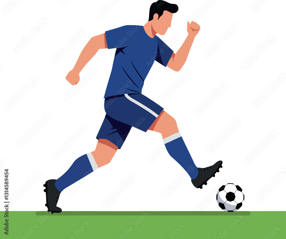 Poster dynamic soccer player in blue uniform executing a powerful kick in flat vector art