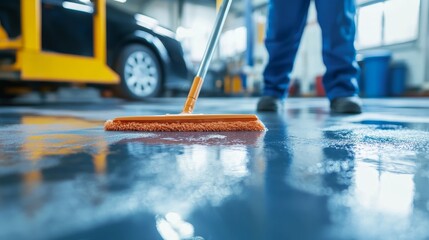 Fototapeta premium Mechanic cleaning epoxy floor in auto repair center, using mop to squeeze water and maintain cleanliness in the workshop environment, ensuring safety and hygiene in vehicle maintenance